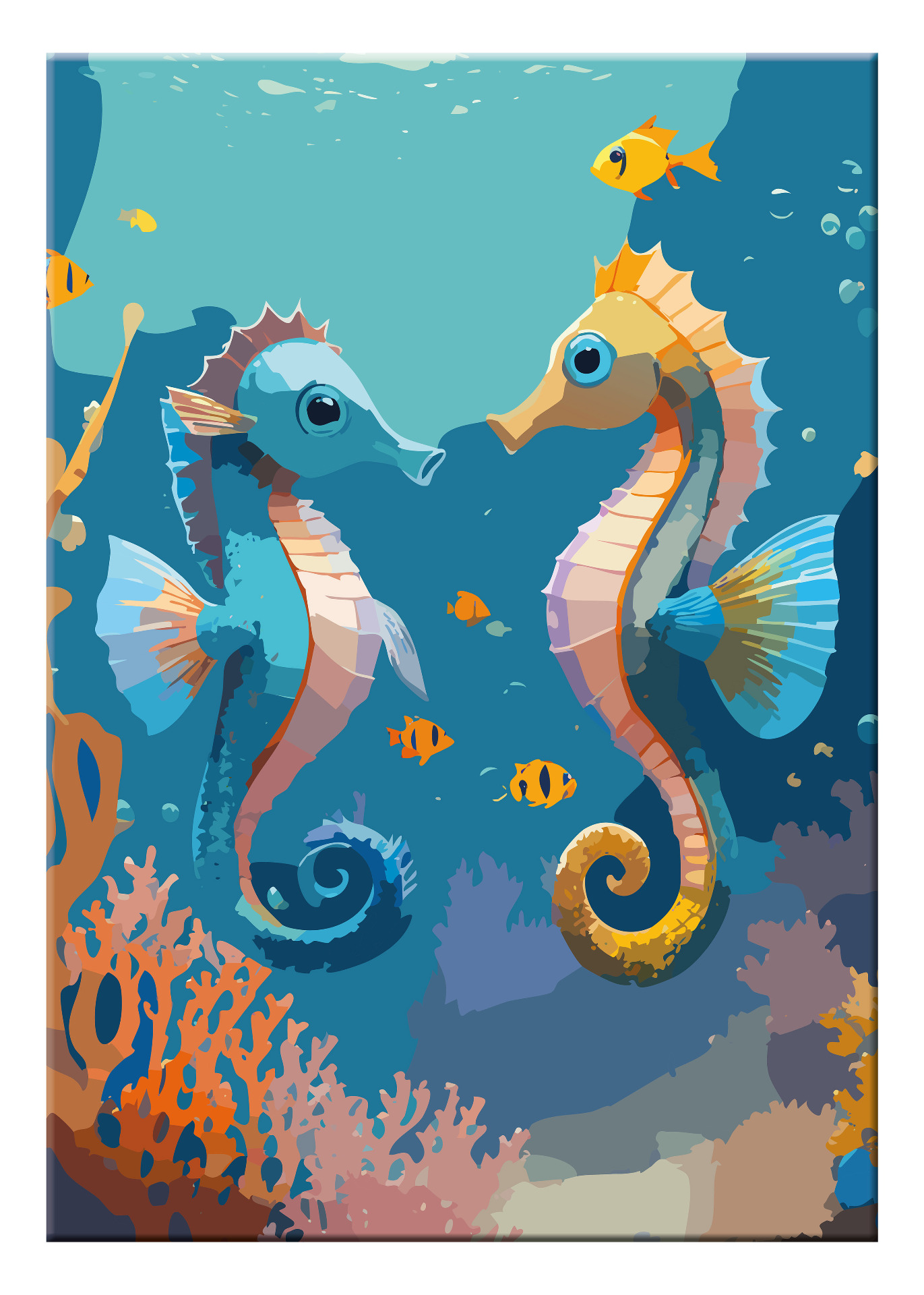 Seepferdchen-Detailaufnahme – farbenfrohe Unterwasserillustration mit Korallen und Fischen