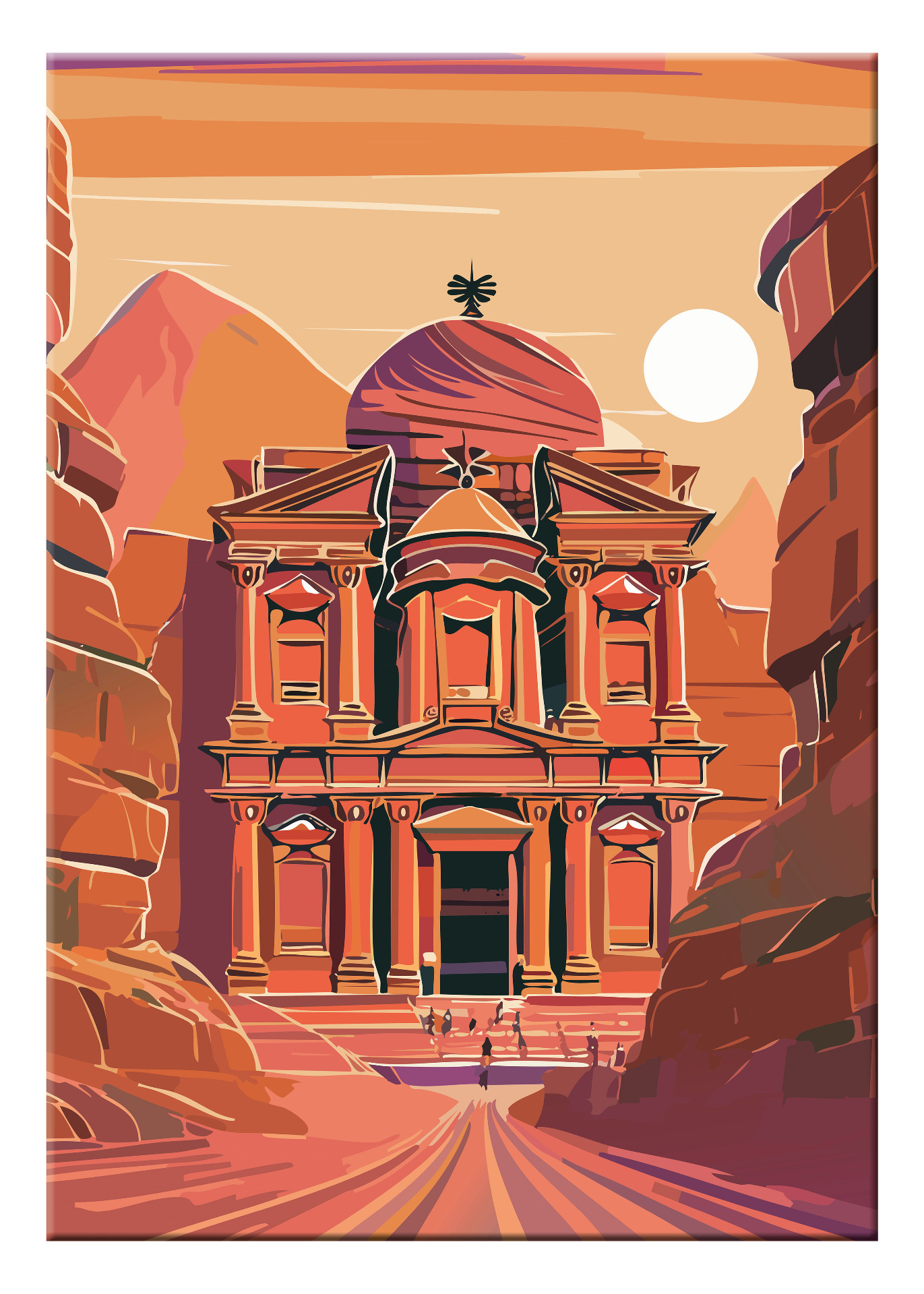 Stilisiertes Kunstmotiv der historischen Felsenstadt Petra in Jordanien mit der berühmten Schatzhaus-Fassade in warmen Orange-, Rot- und Terrakottatönen.